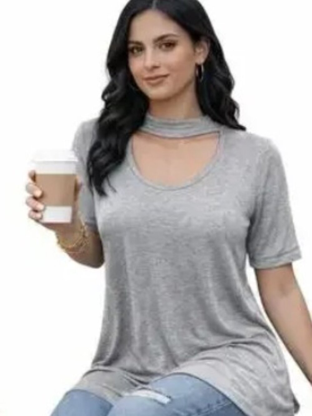 Women's Tunic Top Gray Cutout Neck Short Sleeve Soft Stretch A19
